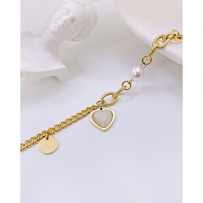 Street Snap Personality Design Pearl Heart Temperament Stainless Steel Gold Plated Bracelet