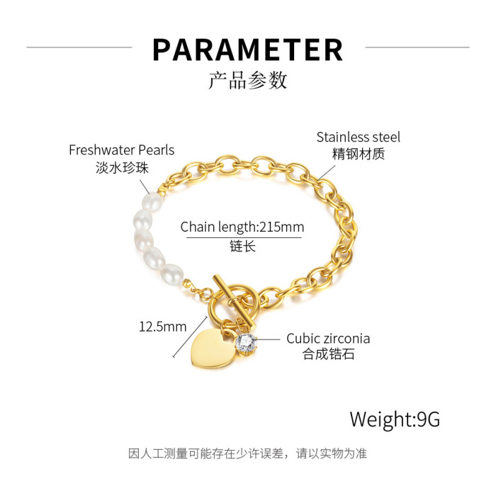 Freshwater Pearl Jewelry Stainless Steel Loving Heart Zircon OT Buckle Bracelet for Women