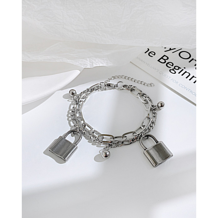 Creative Personality Lock Head Titanium Steel Bracelet Fashion Double Layer Twin Stainless Steel Bracelet for Women