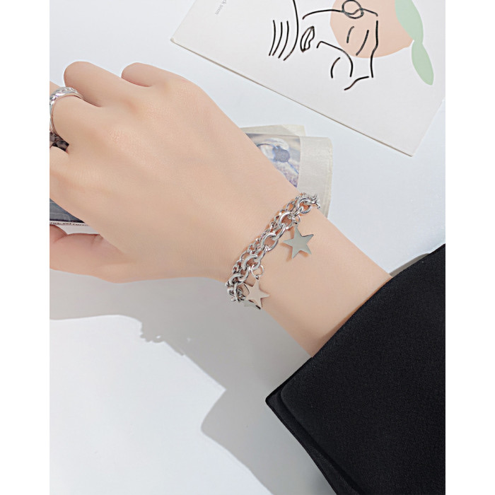 Ornament Wholesale Fashion Hip Hop Versatile Double-Layer Twin Five-Pointed Star Pendant Stainless Steel Bracelet for Women 1257