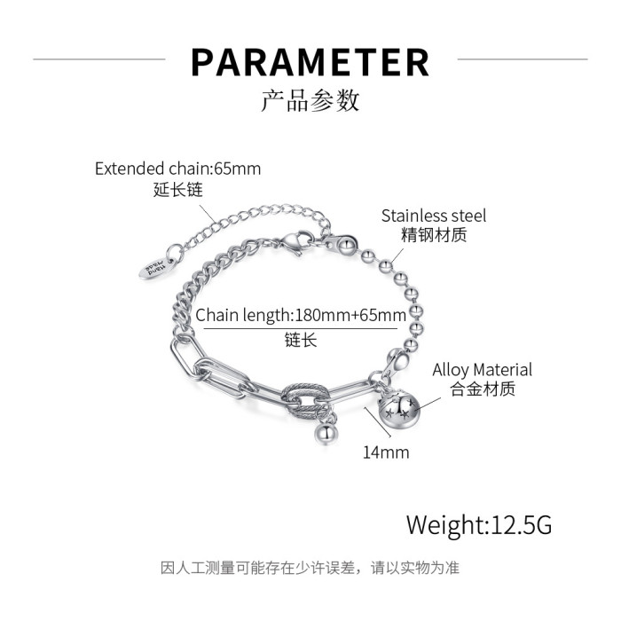 Trendy Hip Hop Style Stitching Chain Bracelet Stainless Steel Five-Pointed Star Ball Bracelet Female