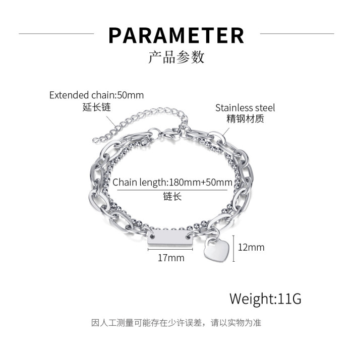 Ornament Wholesale Double-Layer Stacked Heart Bracelet Personality Stitching Stainless Steel Square Plate Bracelet