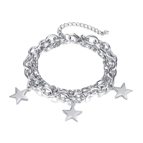 Ornament Wholesale Fashion Hip Hop Versatile Double-Layer Twin Five-Pointed Star Pendant Stainless Steel Bracelet for Women 1257