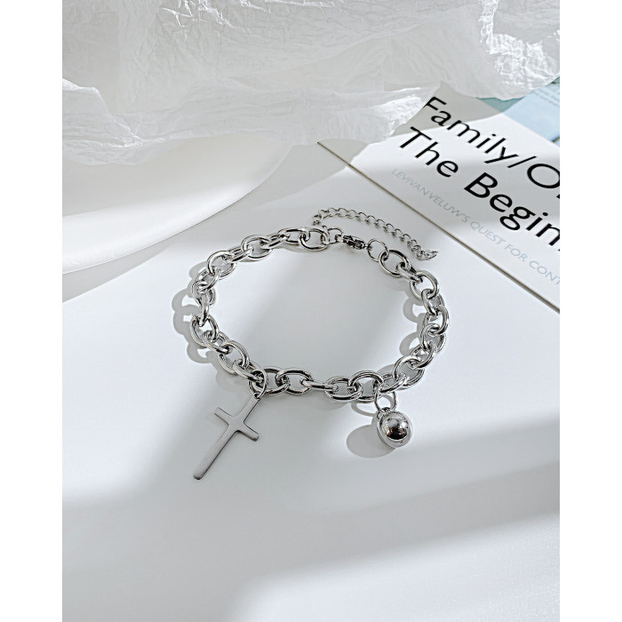 Ornament Wholesale Simple Titanium Steel Cross Bracelet Fashion round Beads Stainless Steel Jewelry 1253