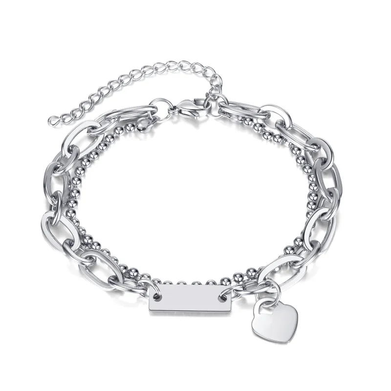 Ornament Wholesale Double-Layer Stacked Heart Bracelet Personality Stitching Stainless Steel Square Plate Bracelet