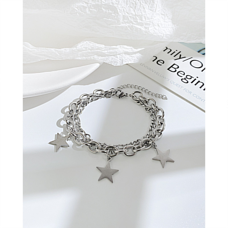 Ornament Wholesale Fashion Hip Hop Versatile Double-Layer Twin Five-Pointed Star Pendant Stainless Steel Bracelet for Women