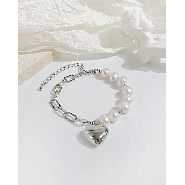 Natural Freshwater Pearl Stainless Steel Love Heart Bracelet