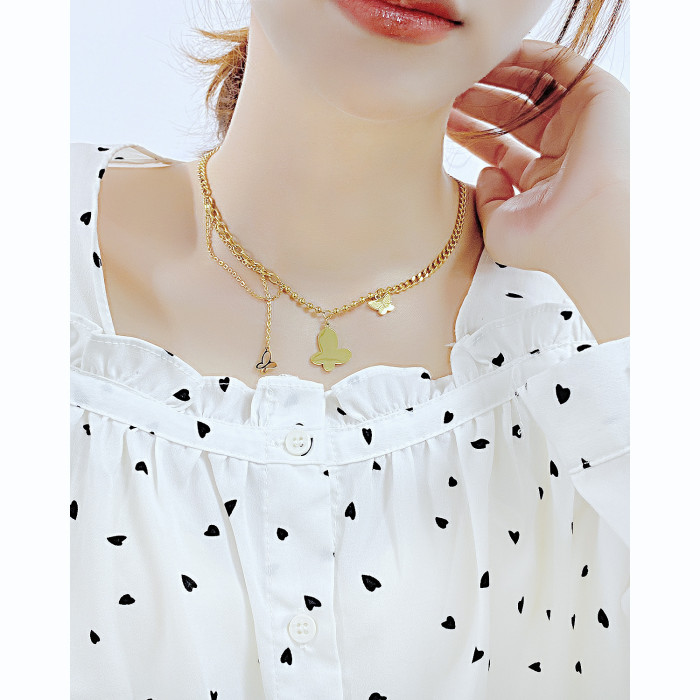 Ornament Wholesale Korean Style Simple Ins Tassel Butterfly Sweet Stainless Steel Necklace for Women