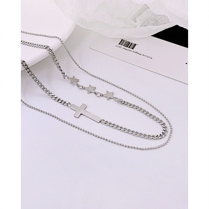 INS Double-Layer Five-Pointed Star Necklace Stainless Steel Cross Shelf Necklace