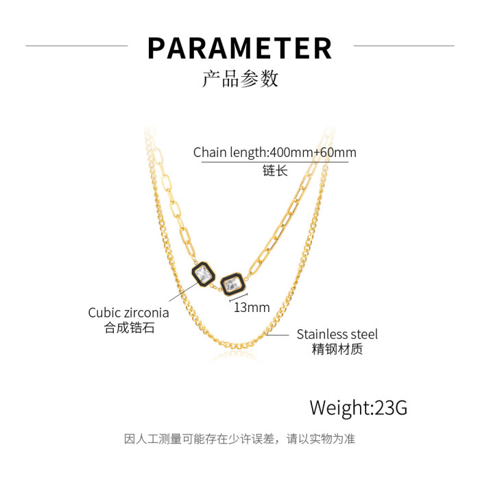 Ornament 2022 New Personalized Fashion Ins Square Inlaid Zircon Double-Layer Stainless Steel Necklace