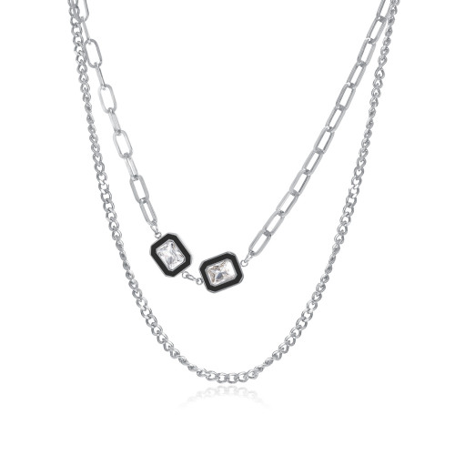 Ornament 2022 New Personalized Fashion Ins Square Inlaid Zircon Double-Layer Stainless Steel Necklace
