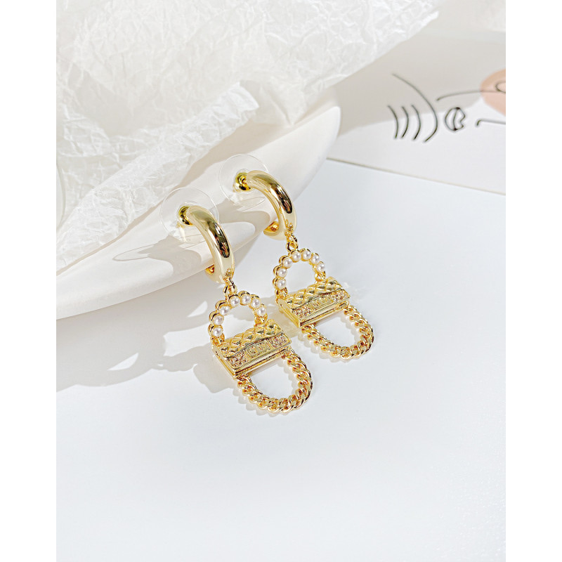 Ornament Creative Pearl Chain Plaid Small Bag S925 Silver Piercing Earrings Women