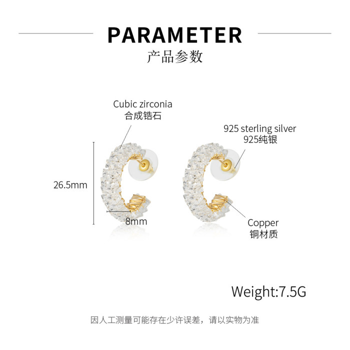 Ornament Fashion C- Shaped Zircon Earrings Temperament S925 Silver Piercing Earrings Women gb773