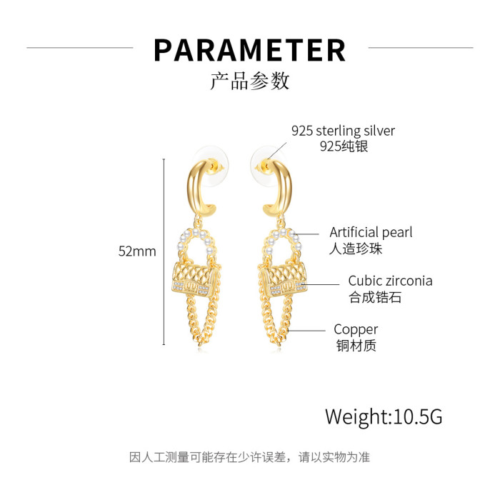 Ornament Creative Pearl Chain Plaid Small Bag S925 Silver Piercing Earrings Women