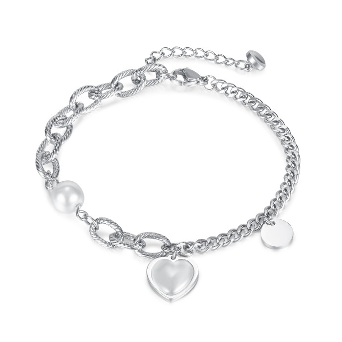 Ornament Ins Temperament Bar Pearl Heart round Brand Stainless Steel Bracelet 1272