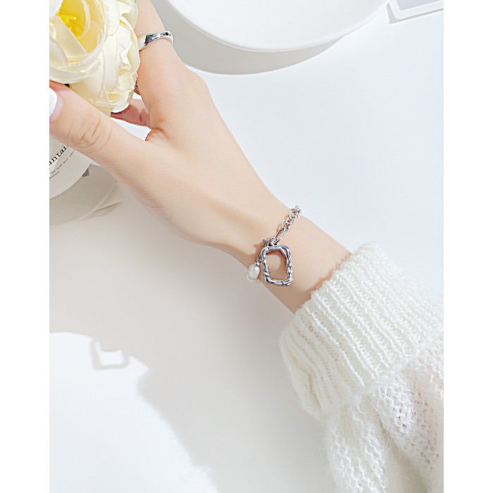 Ornament Fashion Design Natural Freshwater Pearl Geometric Stainless Steel Bracelet