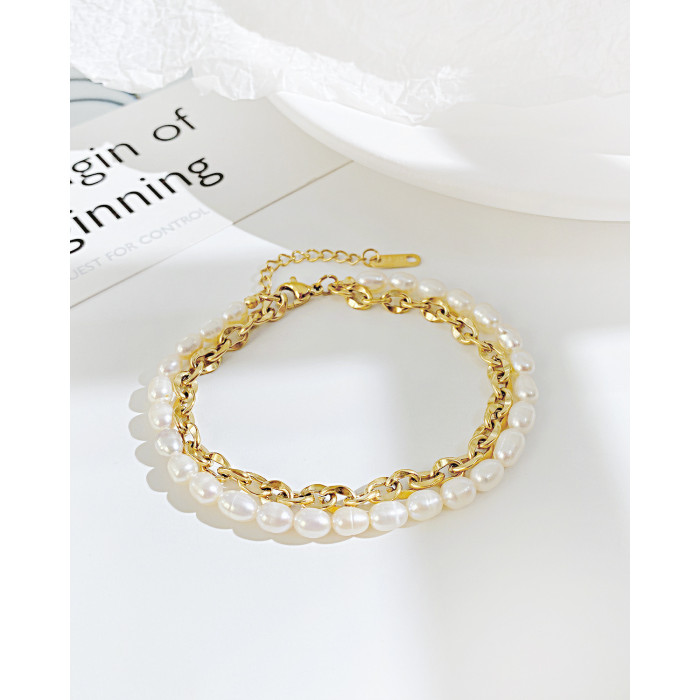Ornament Wholesale Fashion Double-Layer Stainless Steel Jewelry Natural Freshwater Pearl Bracelet for Women