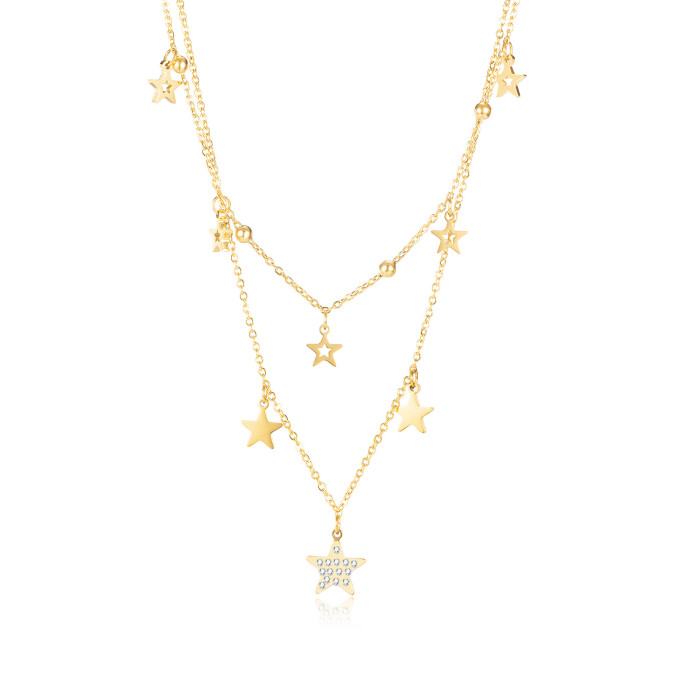 Ornament Niche Temperament Double Circles Star Inlaid Zircon Stainless Steel Necklace for Women