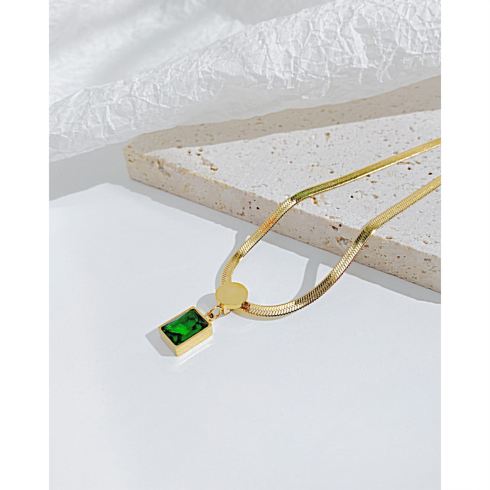Ornament Retro Style Stainless Steel Emerald Square Zircon Pendant Titanium Steel Snake Bones Chain Necklace
