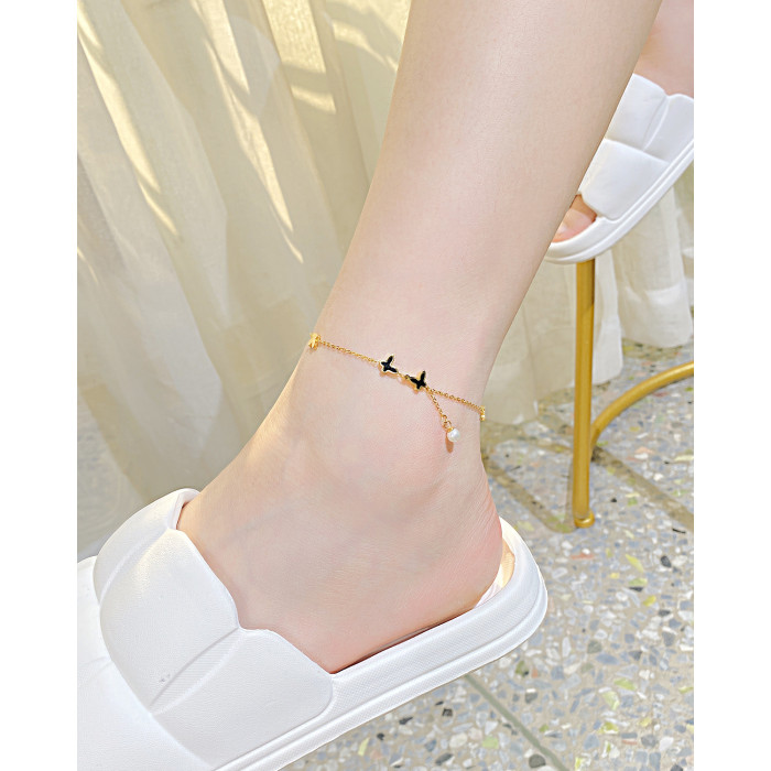 Ornament Simple Niche Titanium Steel Anklet Stainless Steel Elegant Butterfly Pearl Anklet for Women