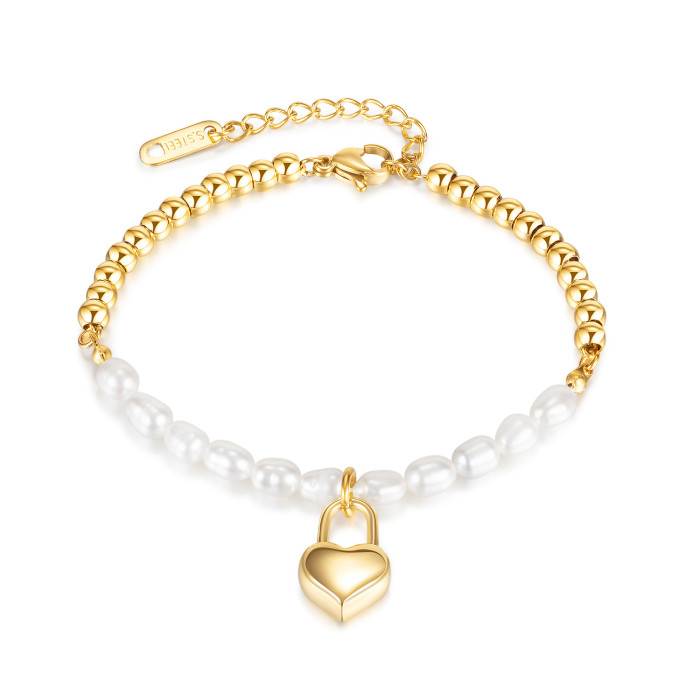 Ornament Niche Luxury Advanced Natural Freshwater Pearl Stainless Steel Love Lock Head Bracelet
