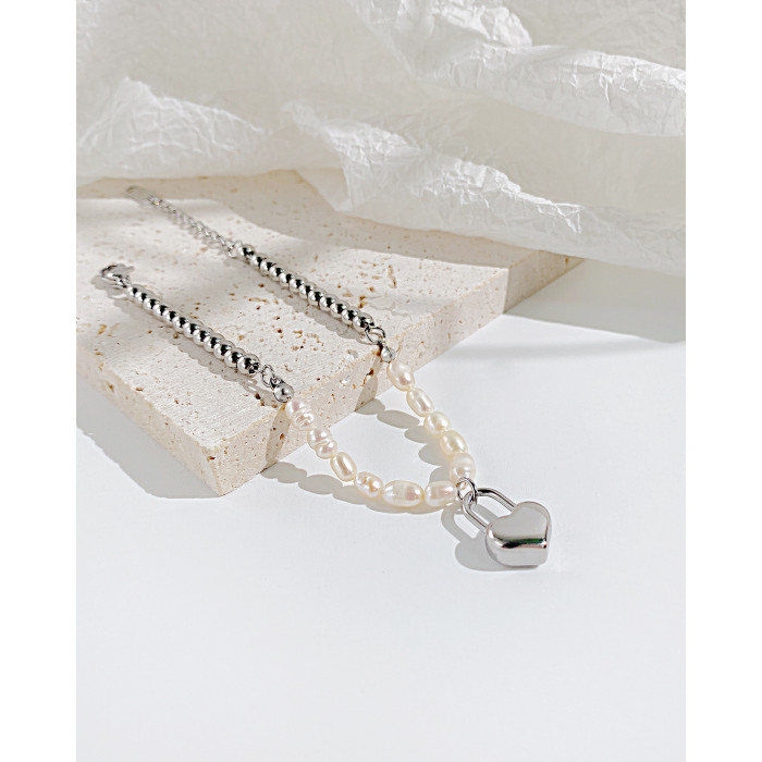 Ornament Niche Luxury Advanced Natural Freshwater Pearl Stainless Steel Love Lock Head Bracelet