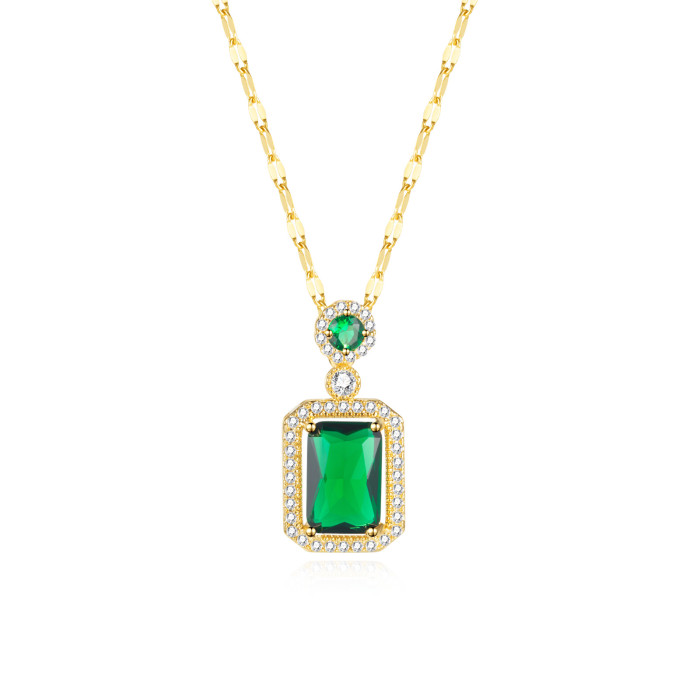 Ornament Wholesale Korean Fashion Emerald Zircon Vintage Stainless Steel Necklace for Women