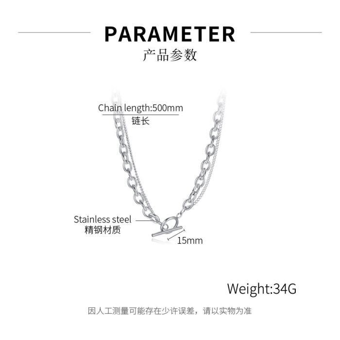 Ornament Fashion Hip Hop Style Double-Layer Personality All-Match Stainless Steel OT Buckle Necklace for Women