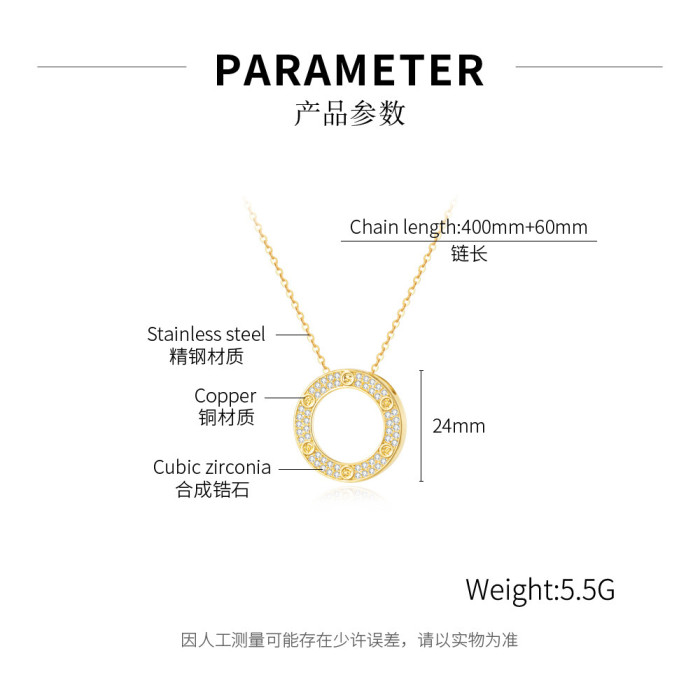 Ornament Simple Geometric Circle Luxury Temperament Micro-Inlaid Full Diamond Stainless Steel Necklace for Women