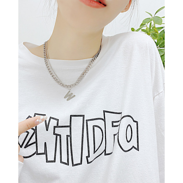 Ornament Simple Retro W Letter Pendant Hip Hop Style Double-Layer Stainless Steel Necklace for Women Wholesale