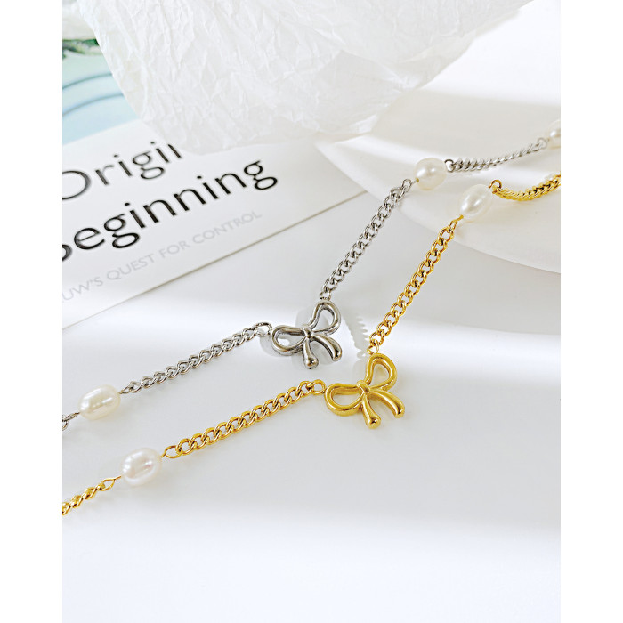 Ornament Special-Interest Design Bow Pendant Chain Freshwater Pearl Stainless Steel Necklace for Women