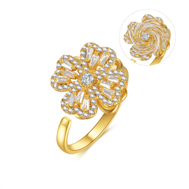 Ornament Special-Interest Design Rotating Inlaid Zircon Four-Leaf Clover Ring Luxury Advanced Index Finger Openings Ring