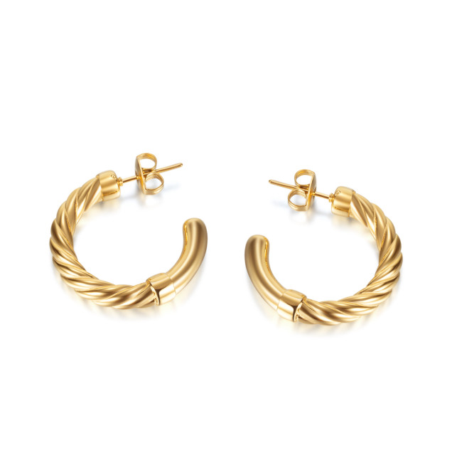 Ornament Fashion Retro Geometric C- Shaped Earrings Creative Design Thread Stainless Steel Earrings for Women