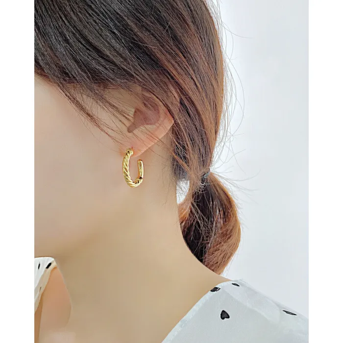 Ornament Fashion Retro Geometric C- Shaped Earrings Creative Design Thread Stainless Steel Earrings for Women