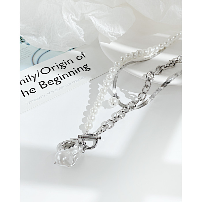 Ornament Vintage Design Double-Layer Titanium Steel Chain Pearl Texture Snake Bones Chain Necklace for Women