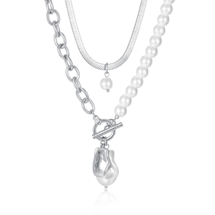 Ornament Vintage Design Double-Layer Titanium Steel Chain Pearl Texture Snake Bones Chain Necklace for Women