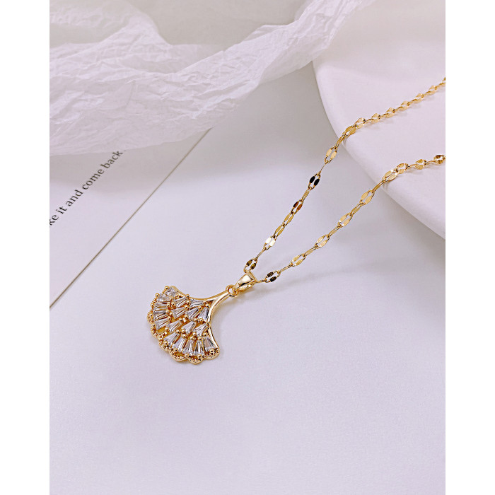 Ornament Niche Fan-Shaped Pendant Micro Inlaid Zircon New Small Skirt Ginkgo Leaf Necklace for Women