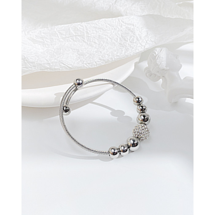 Ornament Fashion round Beads Titanium Steel Bracelet Zircon Opening Stainless Steel Women's Bracelet