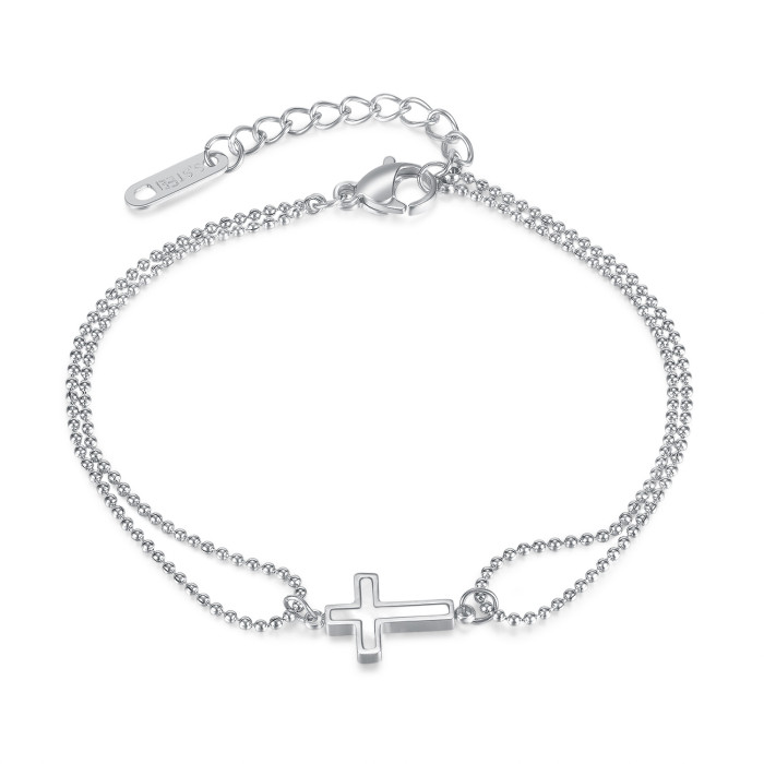 Ornament Minimalism Personality Design Double Layer Beads Chain Cross Stainless Steel Bracelet 1275
