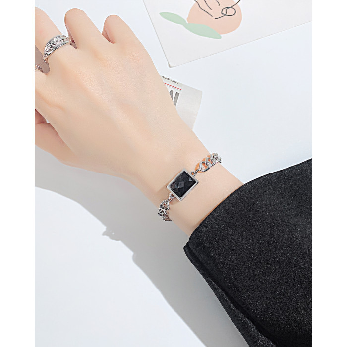Ornament Personality Simple Stainless Steel Bracelet Ins Style Hip-Hop Fashion Square Zircon Bracelet for Women 1254