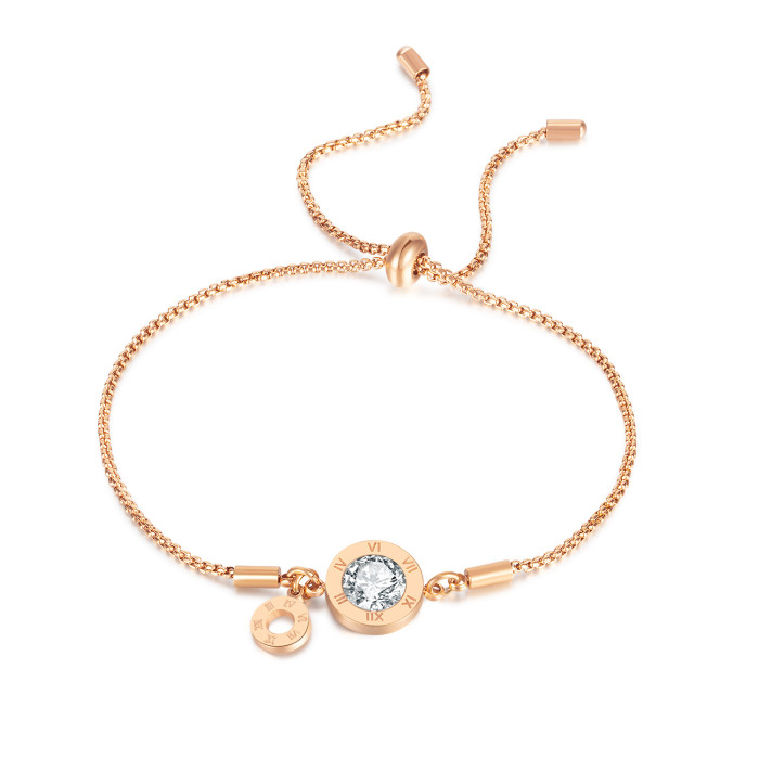 Ornament Roman Numerals Inlaid Zircon Rose Gold Plated Adjustable Telescopic Stainless Steel Bracelet