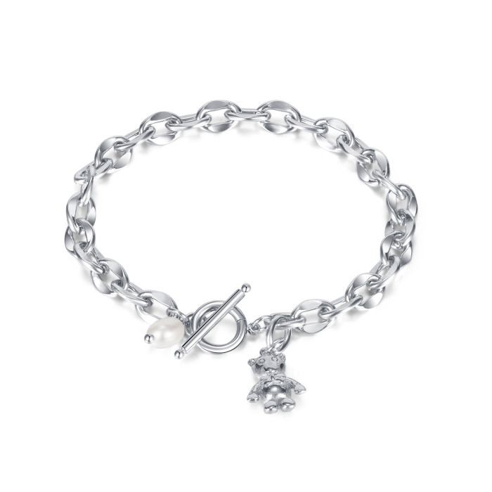Ornament Vintage Freshwater Pearl Hand Jewelry Ornament Wholesale Ins Bear Simple Titanium Steel Bracelet for Women