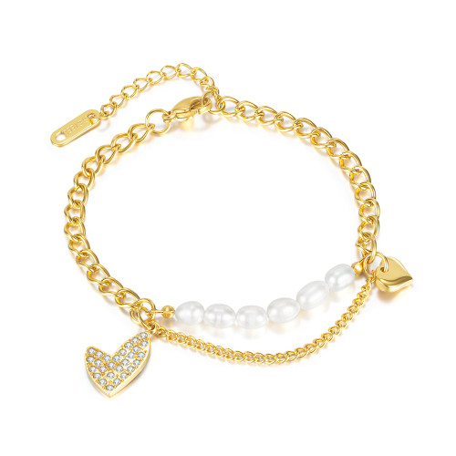 Ornament Fashion All-Match Zircon Peach Heart Titanium Steel Bracelet Design Freshwater Pearl Bracelet