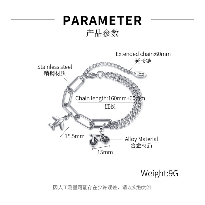 Ornament Wholesale Fashion Personalized Airplane Bicycle Design Stainless Steel Chain Bracelet Female 1239