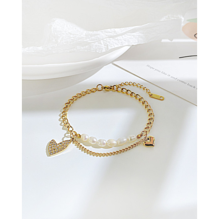 Ornament Fashion All-Match Zircon Peach Heart Titanium Steel Bracelet Design Freshwater Pearl Bracelet