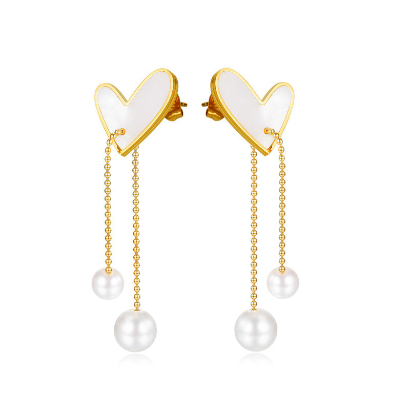 Ornament Fashion Pearl Texture Tassel Stud Earrings Stainless Steel Simple Love Shell Earrings