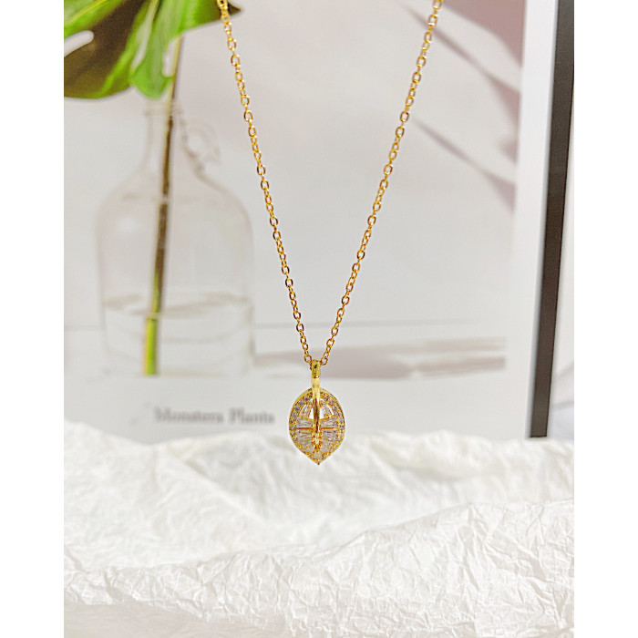 Ornament New Copper Leaf Zircon Pendant Stainless Steel Chain Necklace Female