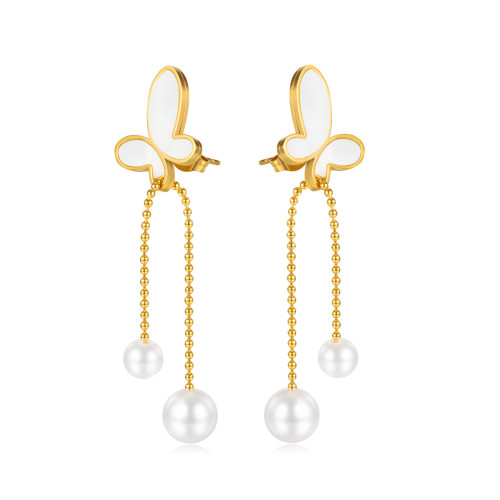 Ornament Korean Fashion Pearl Texture Tassel Stud Earrings Stainless Steel Simple Butterfly Shell Earrings Women