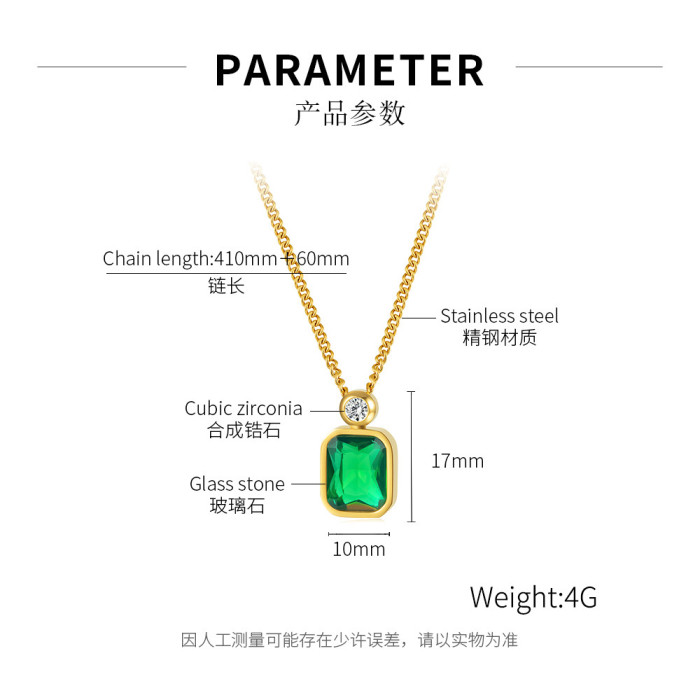 Ornament Japanese and Korean Fashion Square Emerald Glass Stone Pendant Personality Retro Stainless Steel Necklace