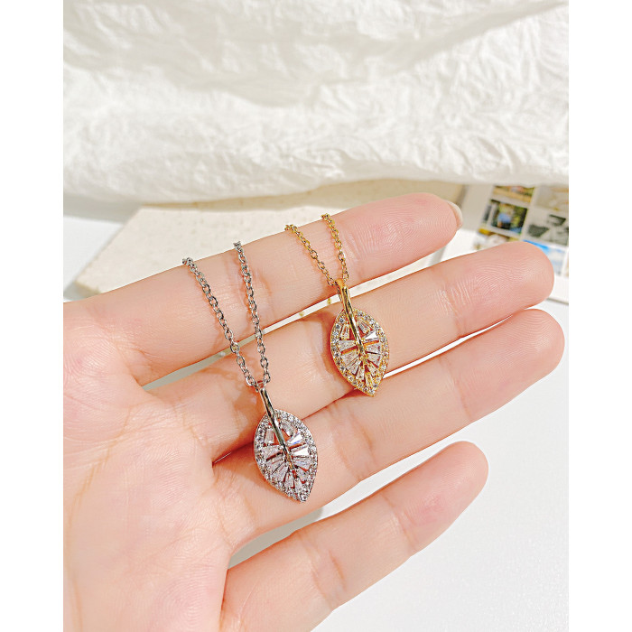 Ornament New Copper Leaf Zircon Pendant Stainless Steel Chain Necklace Female